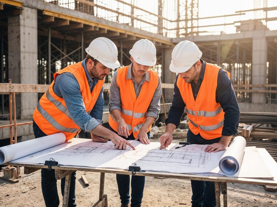 Three contractors reviewing blueprints at a construction site