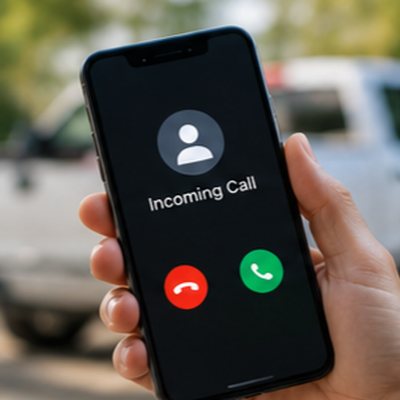 Hand holding a phone showing an incoming call