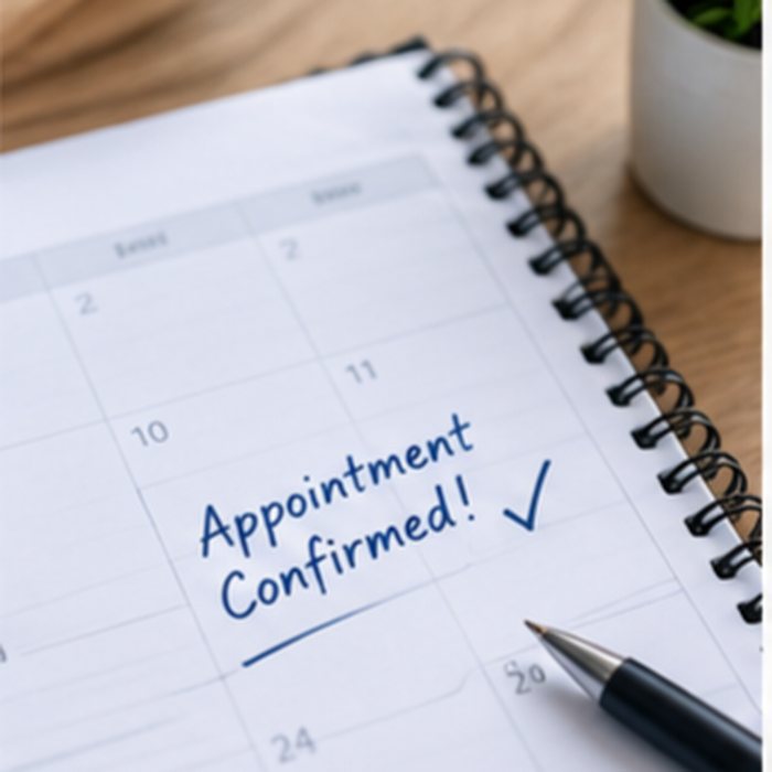 Desk calendar grid with a pen, used for booking appointments